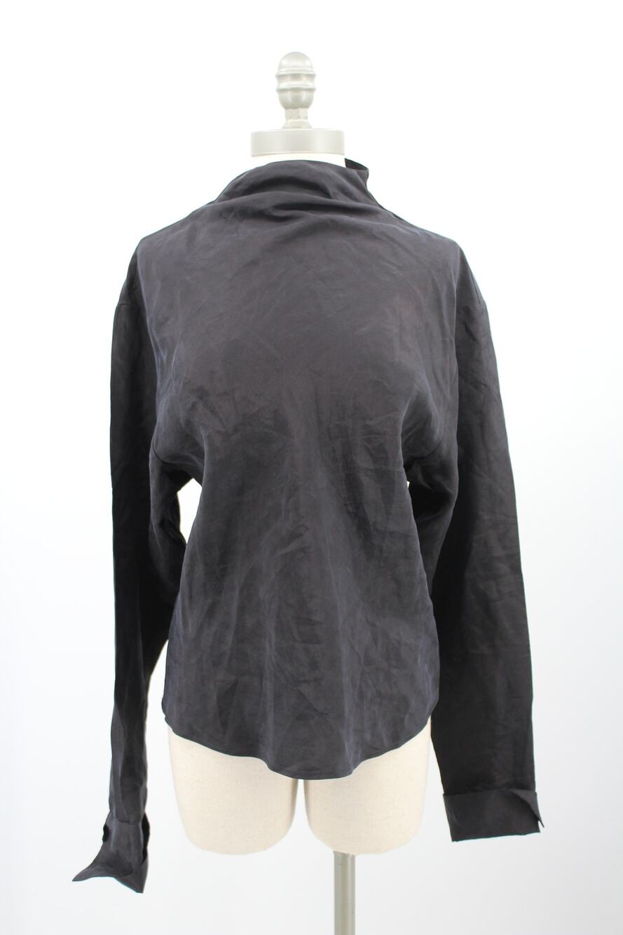 Anine Bing Ivy Black Silk Blend Mock Neck Button Back Long Sleeve Top Sz M NEW